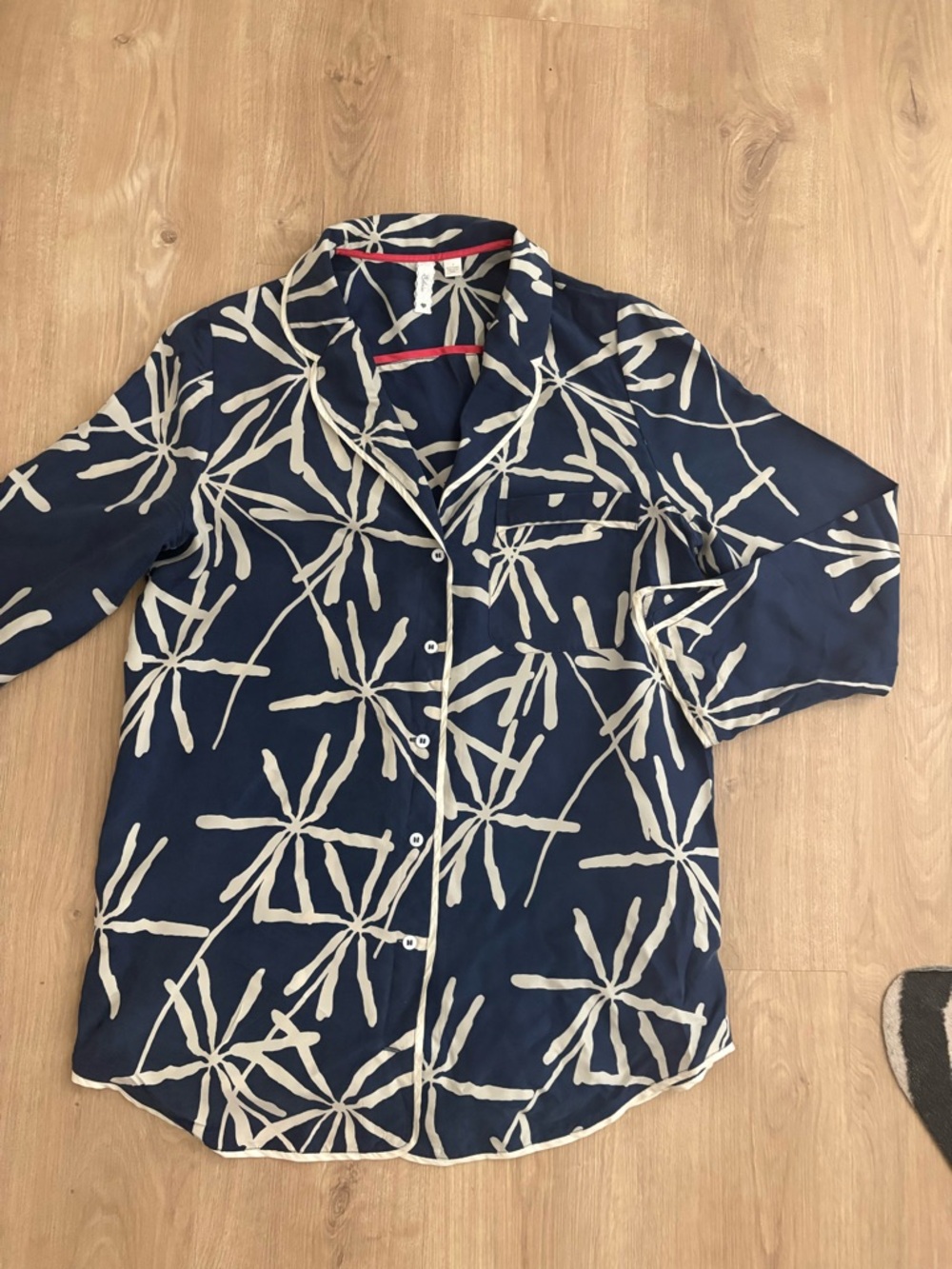 100% silk Eloise Navy Blue and Cream Button-Up Printed Top